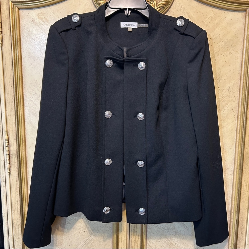 Calvin Klein Black Open Front Silver Button Military Blazer Jacket